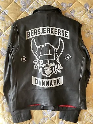 Buy 100% Real Leather Biker Jacket With Skull Viking Print - Size Medium • 79.99£