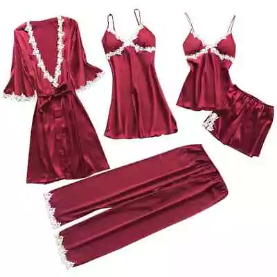 Buy 5Pcs Women Silk Satin Pyjamas Nightwear Set Ladies Lace Soft Sleepwear Lingerie • 14.74£