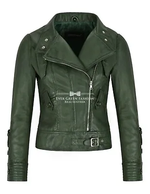 Buy BRANDO Ladies Leather Jacket Green Biker Style Designer SOFT REAL LEATHER 4110 • 103.91£