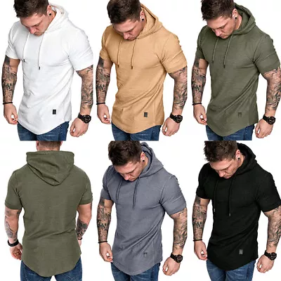 Buy Mens Hooded T Shirt Short Sleeve Hoodie Regular Fit GYM Tee Casual Sports Tops • 6.53£