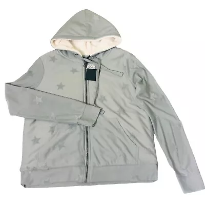 Buy Bobeau Flocked Zip Jacket Size Large Black Star Drawstring Faux Sherpa Hooded • 19.21£
