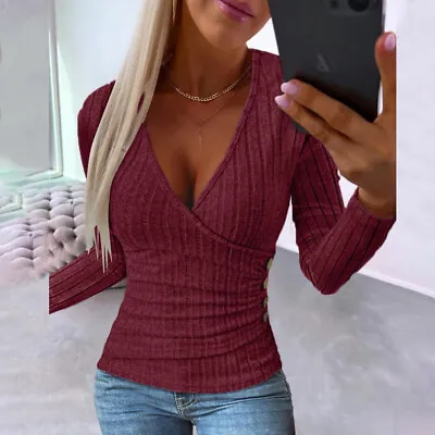 Buy Womens Ribbed V Neck Wrap Tops Ladies Slim Long Sleeve Pullover T Shirt Blouse • 9.99£