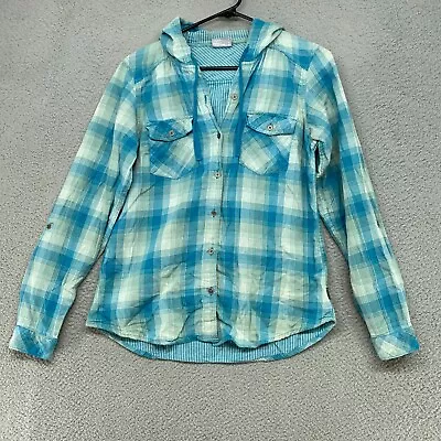 Buy Columbia Flannel Hoodie Womens XS Plaid Check Button Up Blue 100% Cotton • 23.58£
