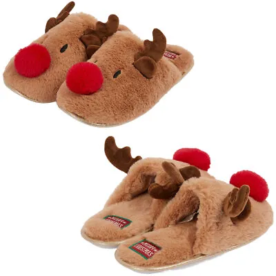 Buy Women's Novelty Christmas Slippers Mule Style Xmas 3D Rudolph Reindeer Faux-Fur • 14.99£