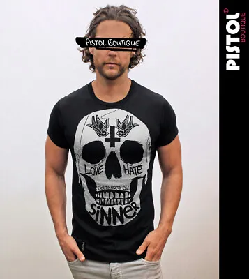 Buy Pistol Boutique Men's Fitted Black Crew Neck SINNER LOVE HATE SKULL T-shirt • 22.49£