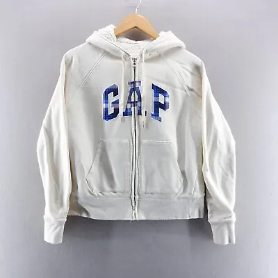 Buy Gap Womens Hoodie Small Cream Blue Tartan Spell Out Full Zip Sherpa Lined Jacket • 16.19£