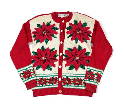 Buy VTG Red Ivory Christmas Chunky Knit Cardigan Sweater Womens Small Poinsettia • 23.62£