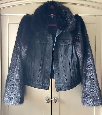 Buy By Very Black Grey Denim Jacket Faux Fur Collar Sleeve Aviator  Uk 10  • 44.99£