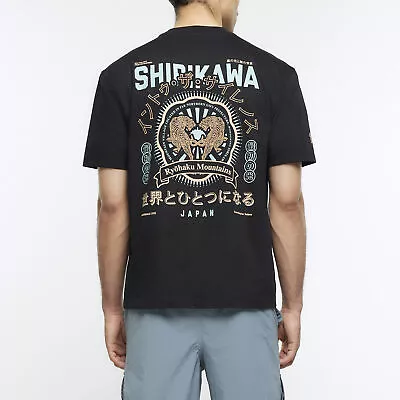 Buy River Island Mens T-Shirt Black Regular Fit Japanese Graphic Crew Neck Tee Top • 15£