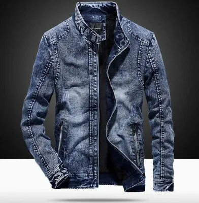 Buy Men's Thicken Denim Jacket Zipper Slim Fit Winter Warm Outwear Stand Collar Coat • 40.46£