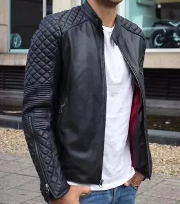 Buy Men's Quilted Motorcycle Leather Jacket Slim Fit Bomber Biker Leather Jacket • 23.22£