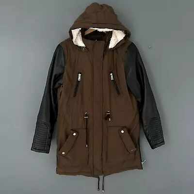 Buy Ladies Khaki Hooded Padded Parka Coat Jacket With Faux Leather Sleeves Size 12 • 5.99£