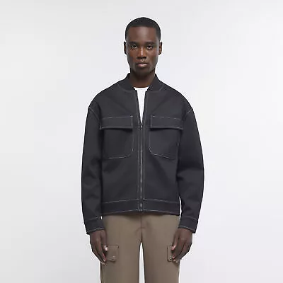 Buy River Island Mens Jacket Black Regular Fit Zip Up Harrington Outerwear Top • 15.80£