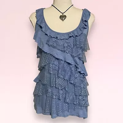 Buy Vintage Y2k Blue Ruffle Lace Mesh Fairy Boho Coquette Grunge Tiered Tank Top M • 17.01£