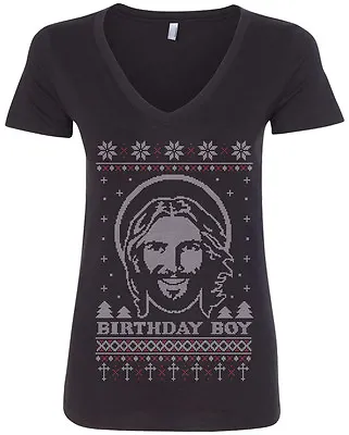 Buy Threadrock Women's Birthday Boy Jesus Ugly Christmas Sweater V-Neck T-Shirt • 15.11£