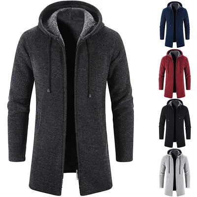 Buy Mens Knit Fleece Jacket Hoodie Full Zip Winter Warm Cardigan Trench Long Coat UK • 23.79£