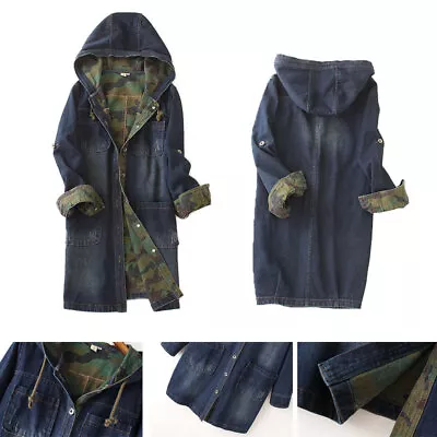 Buy Ladies Blue Denim Hooded Casual Long Jacket Camouflage Coat Trench Parka Outwear • 32.16£