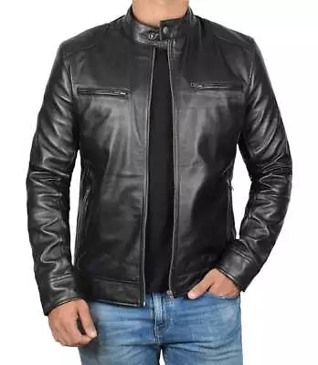 Buy Men's Fashion Real Sheep Soft Leather Black Café Racer Slim Fit Retro Jacket • 21.30£
