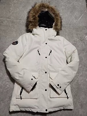 Buy Superdry Women Snow Puffer Jacket Size 8 White Zip Button Up Padded Hood Fur • 34.99£