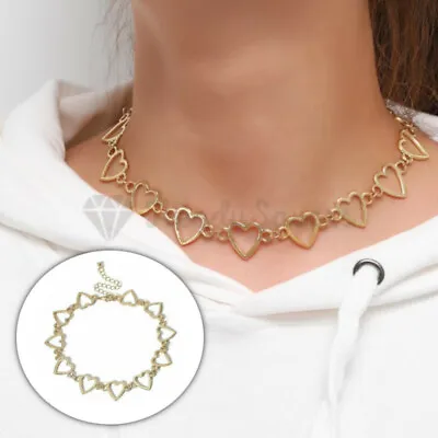 Buy Retro Punk Hollow Heart Linked Pendants 18ct Gold Plated Choker Necklace Jewelry • 3.95£