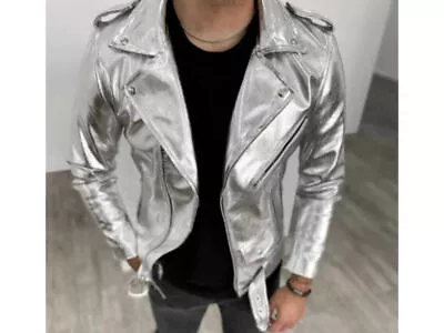 Buy Mens Leather Jacket Silver Metallic Belted Moto Biker Jacket Shiny Metallic Coat • 66.14£