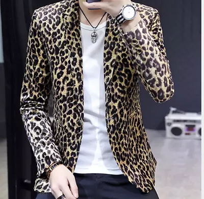 Buy Mens Leopard Printed Slim Fit Blazer Jacket Nightclub Party Coat Outwear Casual • 39.95£