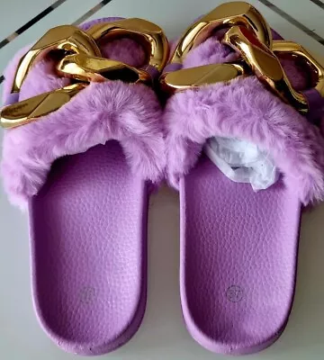 Buy Fluffy Women's  Purple Slides  With Gold Chain, Soft Sole Comfy Causal Wear • 14.99£