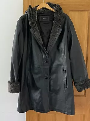 Buy Ladies Leather Jacket Size UK 24 Black 100% Leather Long Line Fur Trim Hooded • 49.99£