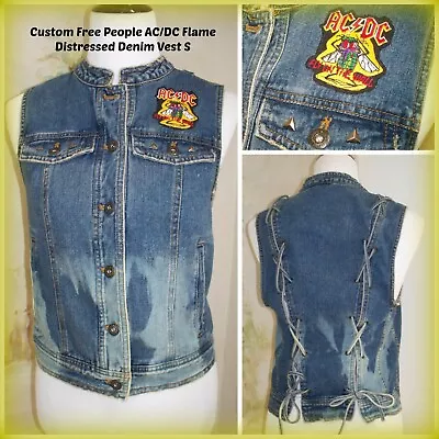 Buy AC/DC OOAK   FREE PEOPLE   Blue Denim Studded Weaved Open Back Vest Sz S • 36.68£