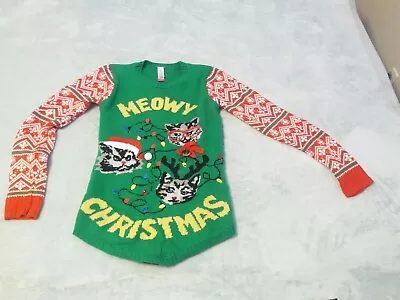 Buy No Boundaries Girls Christmas Sweater Green White Gold Bell Meowy Cat Sz S (3-5) • 11.84£