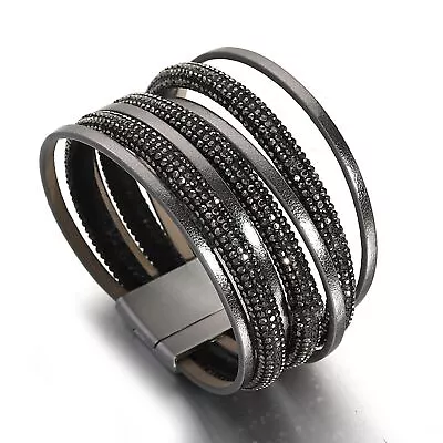 Buy Charm Full Rhinestone Multilayer Wrap Leather Bracelets For Women Party Jewelry • 13.79£