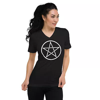 Buy White Goth Wiccan Woven Pentagram Unisex Short Sleeve V-Neck T-Shirt • 27.67£