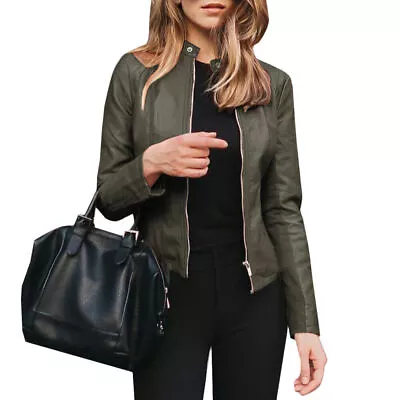 Buy Womens Biker Jacket Slim Ladies Solid Faux PU Leather Zip Formal Coat Plus Size* • 14.96£