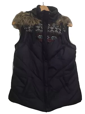 Buy Ladies Blue Sleeveless Bomber Jacket Fur Hood Size 14 • 8.99£