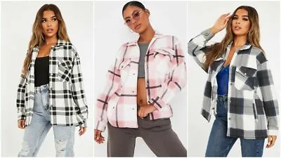 Buy Womens Check Fleece Casual Jacket Shacket Top Shirt Coat Tunic Oversize Baggy • 14.99£