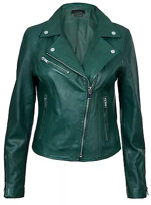 Buy Ladies Green Genuine Real Sheep Leather Classic Biker Style Women Jacket • 99.99£