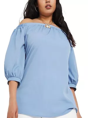 Buy Top T-Shirt SMOKEY-BLUE Puff 3/4 Sleeve Bardot Top - Size Uk 20 • 8.99£