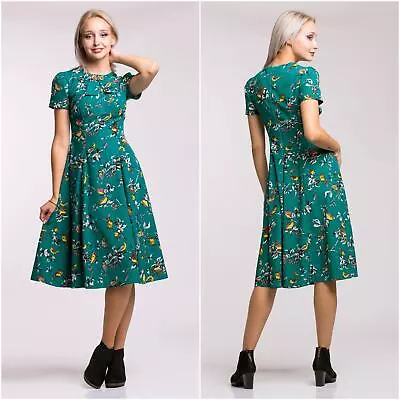 Buy NWT Hell Bunny Vixen Birdy Print Dress Empire Waist Pleats Retro Style Size XS • 56.70£