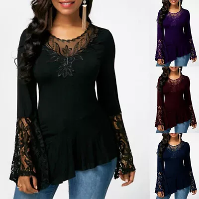 Buy Womens Lace Long Bell Sleeve Tunic Tops Ladies Gothic Purple T Shirt Mesh Blouse • 2.99£