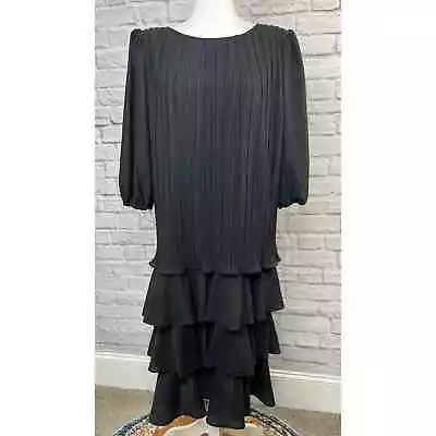 Buy Good Times Vintage Black Plisse Pleated Tiered Hem Midi Dress Womens Size 11/12 • 33.78£