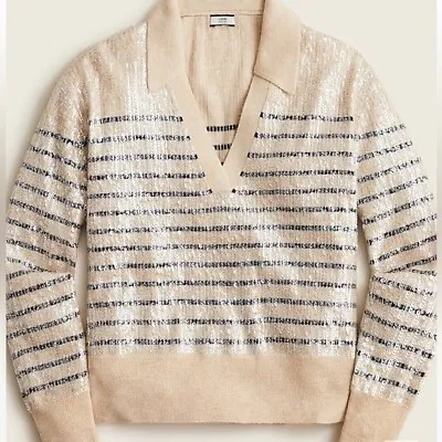 Buy NEW J. Crew Sz Small Collared Sequin V-neck Stripe Sweater • 37.80£