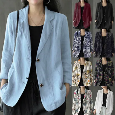 Buy UK 8-24 Womens Long Sleeve Collared Button Cotton Linen Blazer Coats Jackets  • 14.81£