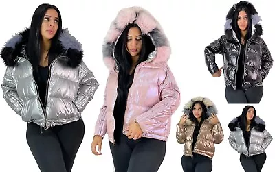 Buy Puffer Jacket Bubble Shiny Women Wet Look PVC PU Faux Fur Hood Reversible Coat   • 132.99£