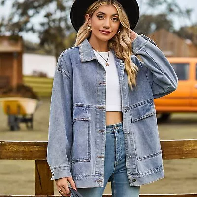 Buy Women's Long Sleeve Casual Denim Jacket Ladies Pockets Buttons Loose Jeans Coats • 24.99£