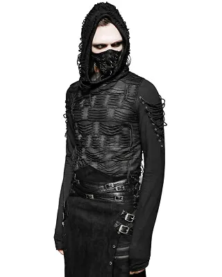 Buy Punk Rave Mens Apocalyptic Gothic Grunge Hooded Top Hoodie Black Shredded Lacing • 44.99£