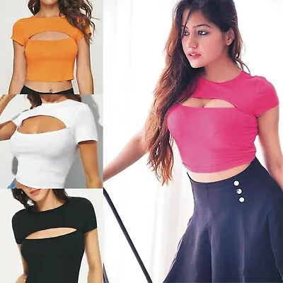 Buy Front Cut Out Crop Top Tee Ladies Cleavage Sexy Fitted TShirt Womens Blouse Vest • 4.99£