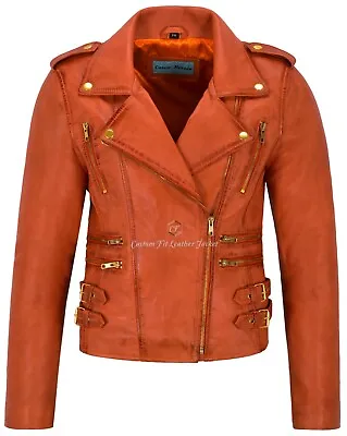 Buy MYSTIQUE Ladies Leather Jacket Orange Motorcycle Designer Soft Biker Style 7113 • 109.76£