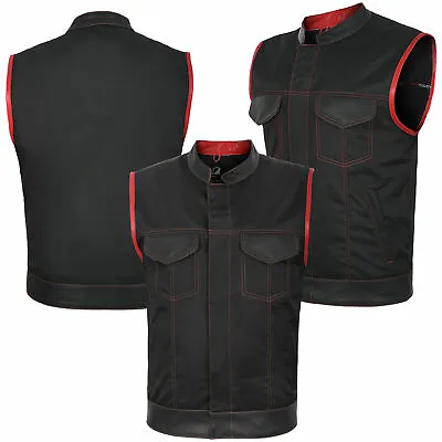 Buy SOA Style Motorcycle Biker Waistcoat Vest Black Red Real Leather Trim Fabric UK • 35.95£