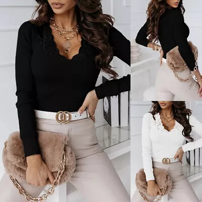 Buy New Women Spring Lace V Neck Long Sleeve Blouses Ladies Slim Casual T-shirts Top • 12.59£
