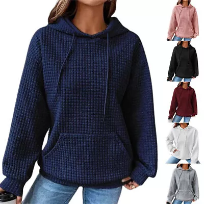 Buy Womans Plain Long Sleeve Hoodies Holiday Check Jumper Sweatshirt Loose Pullover • 15.42£